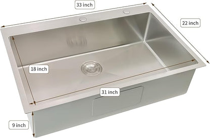33x22 Drop In Kitchen Sink, Delironexu 18 Gauge 304 Stainless Steel Single Bowl Kitchen Sink, 33 Inch Top Mount Kitchen Sink, Kitchen Sink 33x22 Drop In with Bottom Grid & Drain Assembly
