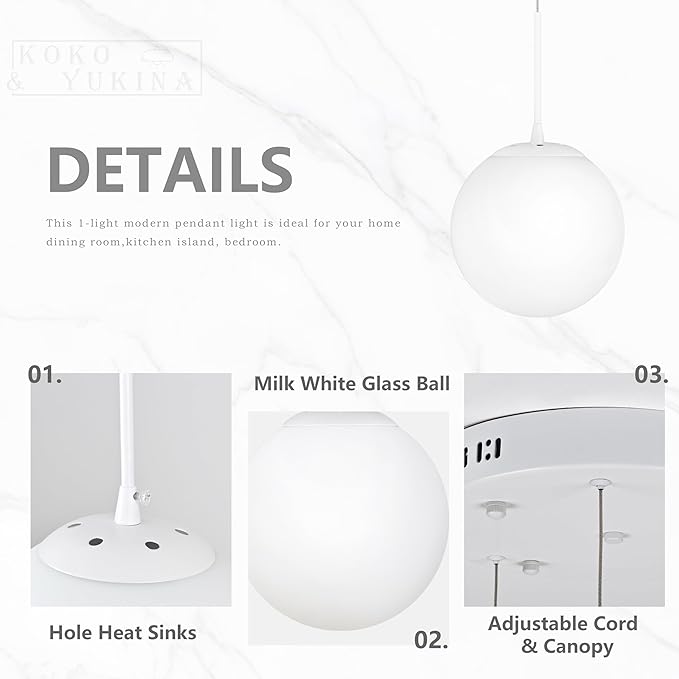 KoKo&Yukina Globe Pendant Light 3 Light White Globe Pendant Lights Kitchen Island Mid Century Light Fixture with Milky White Glass Shade for Dining Room Living Room