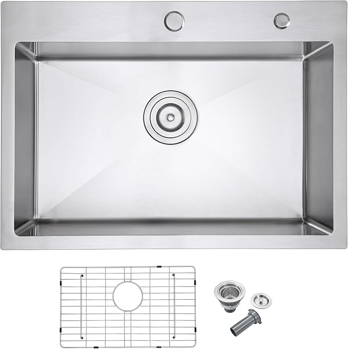 30x18 Inch Drop in Kitchen Sink Brushed, 304 Stainless Steel Single Bowl with Dual Faucet Holes & Bottom Grid Mat, 9" Deep Large Sink for Spacious Kitchen, Commercial Prep, Laundry, Wet Bar