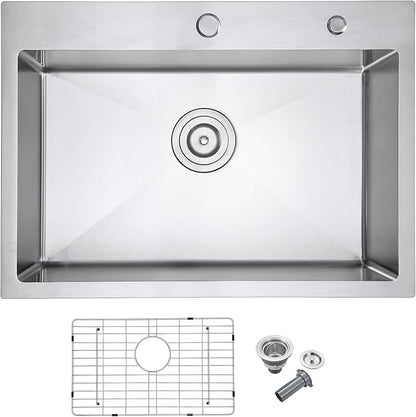 30x18 Inch Drop in Kitchen Sink Brushed, 304 Stainless Steel Single Bowl with Dual Faucet Holes & Bottom Grid Mat, 9" Deep Large Sink for Spacious Kitchen, Commercial Prep, Laundry, Wet Bar