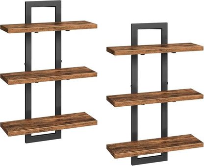 HOOBRO Floating Shelves, Set of 2 Wall Shelves, 3-Tier Wall Mounted Storage Shelves, Hanging Bathroom Shelves, for Living Room, Bedroom, Bathroom, Kitchen, Rustic Brown and Black BF31BJP201