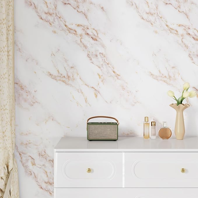Wallercity Matte White/Gold Marble Contact Paper for Countertop Self Adhesive Waterproof Peel and Stick Countertops Granite Wallpaper for Cabinets Kitchen Backsplash Vinyl Table Wrap Film 15.8''x197''