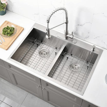 33 Inch Double Bowl Drop In Kitchen Sink-Bokaiya 33x22 Stainless Steel Drop-In Sink Kitchen Top Mount 16 Gauge Deep 50/50 Low-Divide Over Counter Double Bowl Kitchen Sink with Rack&Grid