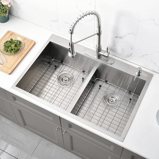 33 Inch Double Bowl Drop In Kitchen Sink-Bokaiya 33x22 Stainless Steel Drop-In Sink Kitchen Top Mount 16 Gauge Deep 50/50 Low-Divide Over Counter Double Bowl Kitchen Sink with Rack&Grid