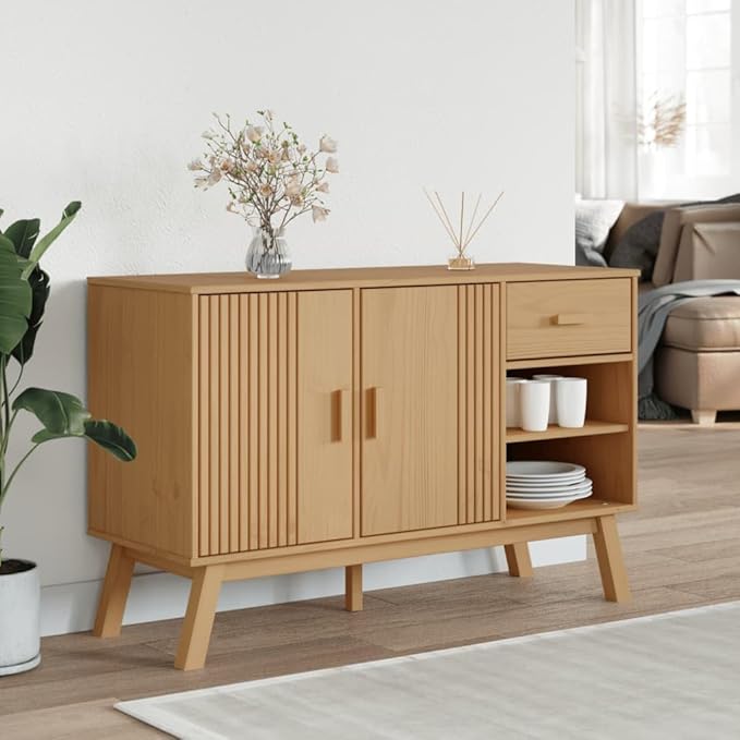 Rectangular Solid Pine Wood Sideboard, Brown Finish, 16.9x44.9x28.9 in, Buffet Cabinet with Storage, Living Room Furniture Kitchen Furnitur