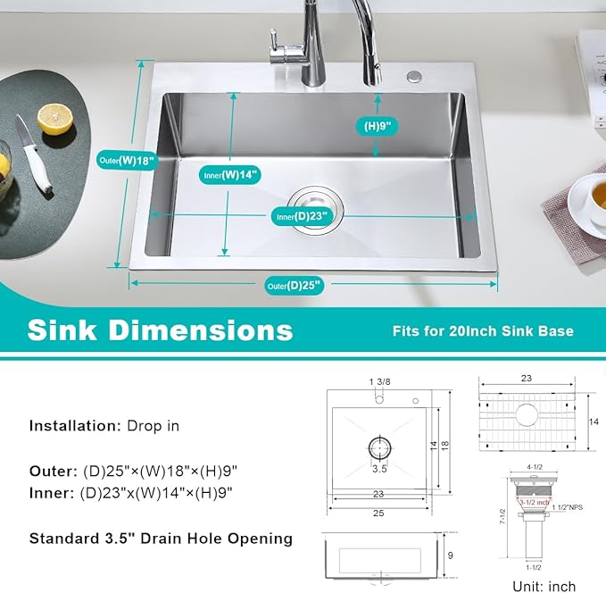 Brushed 25 Inch Drop in Kitchen Sink, 18 Gauge Stainless Steel Single Bowl Kitchen Sink with 2 Faucet Holes, 9'' Deep Basin Bowl with Grid, D25" x W18" x H9"
