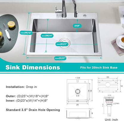 Brushed 25 Inch Drop in Kitchen Sink, 18 Gauge Stainless Steel Single Bowl Kitchen Sink with 2 Faucet Holes, 9'' Deep Basin Bowl with Grid, D25" x W18" x H9"