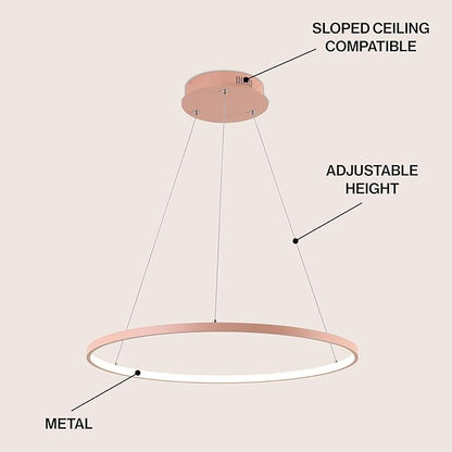 JONATHAN Y 23.75" Matte Pink Modern Integrated LED Pendant Light, Dimmable Round Hoop Chandelier for Kitchen Island, Dining Room, Adjustable Height Metal Hanging Light (JYL7203B)