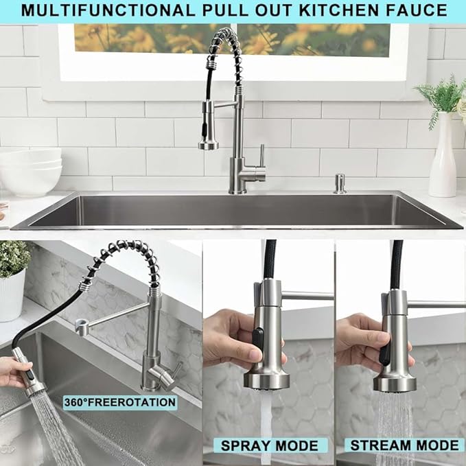 33 Inch Drop In Kitchen Sink with Faucet Combo -Wesliv 33x19 TopMount Stainless Steel Sinks 18 Gauge Single Bowl Deep Kitchen Sink with Soap Dispenser