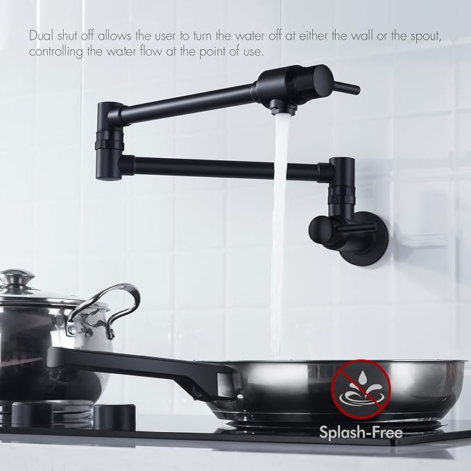 BAGNOLUX Pot Filler Faucet, Wall Mount Pot Filler Commercial Brass Kitchen Faucet Cold Water Only Double Lever Handle with Dual Joint Swing Arm Brass Stove Faucet, Matte Black, 23.4''