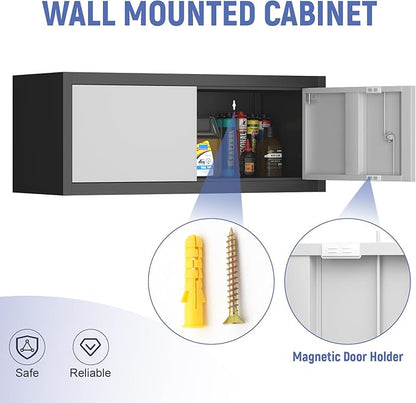 Metal Locking Cabinet, 12.8" H Garage Cabinet Wall Mount, Steel Storage with Doors, Floating Storage Organization for RV, Hanging Cabinets for Workshop, Warehouse, Wall Cabinet