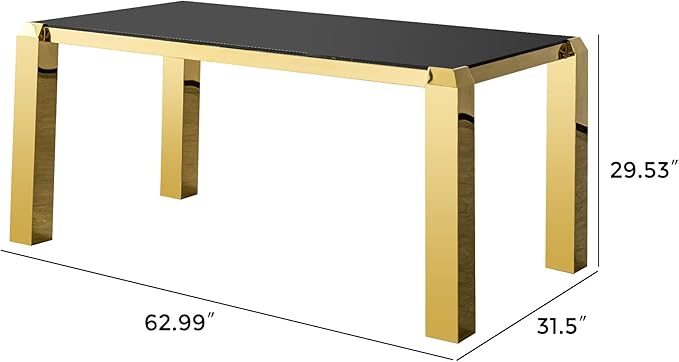 63 Inch Luxury Gold Dining Table for 4-6 People, 10mm Thick Rectangular Black Tempered Glass Top with Stainless Steel Base, Modern Kitchen Table for Dining Room
