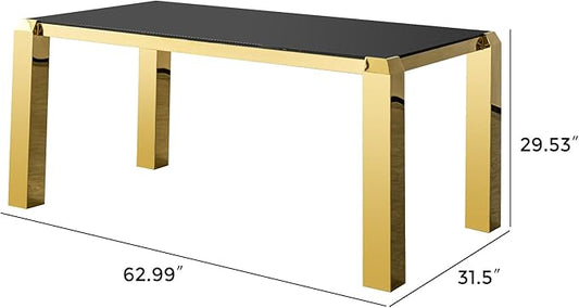 63 Inch Luxury Gold Dining Table for 4-6 People, 10mm Thick Rectangular Black Tempered Glass Top with Stainless Steel Base, Modern Kitchen Table for Dining Room