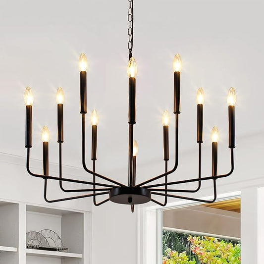 Black Chandelier, 12-Light Farmhouse Chandeliers for Dining Room, Classic Candle Ceiling Pendant Light Fixture for Living Room, Foyer, Kitchen Island, Bedroom, Entryway