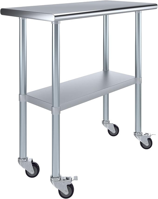 Stainless Steel Work Table with Wheels | NSF Kitchen Island Food Prep | Laundry Garage Utility Bench (Table + Wheels, 36" Long x 18" Deep)