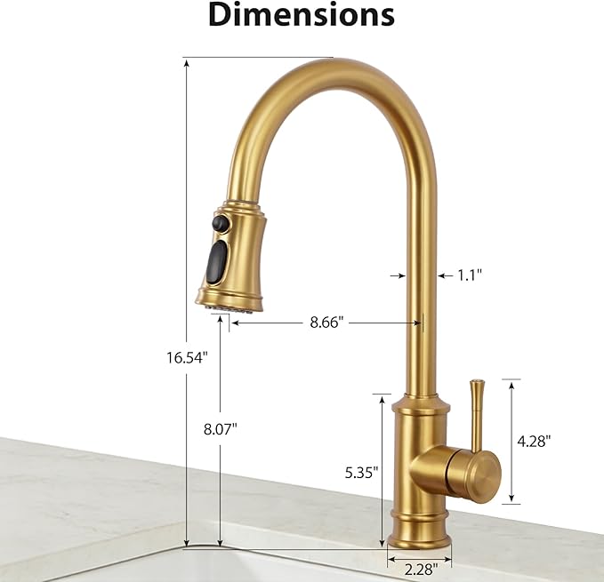 Gold Brushed Nickel Kitchen Faucet with Pull Down Sprayer, Vintage 3 Mode Sprayer Kitchen Sink Faucet for Praticial Use, Antique Farmhouse Style, Deck Mount