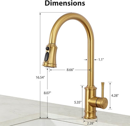 Gold Brushed Nickel Kitchen Faucet with Pull Down Sprayer, Vintage 3 Mode Sprayer Kitchen Sink Faucet for Praticial Use, Antique Farmhouse Style, Deck Mount