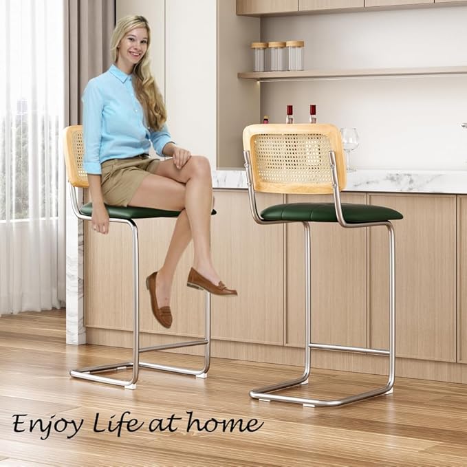 Counter Height Bar Stools Set of 2, Upholstered PU Leather Barstools with Rattan Back, for Kitchen Island, Black (Green + Metal + Rattan + Rattan+Metal + Modern)