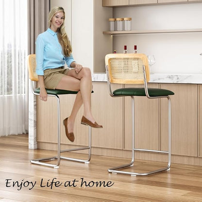 Counter Height Bar Stools Set of 2, Upholstered PU Leather Barstools with Rattan Back, for Kitchen Island, Black (Green + Metal + Rattan + Rattan+Metal + Modern)