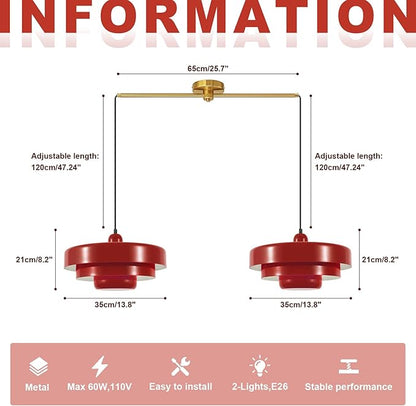 Industrial Red Pendant Light, 2-Light Vintage Chandelier, Mid Century Modern Ceiling Light Adjustable Hanging Lights for Kitchen Island, Bar, Dining Room