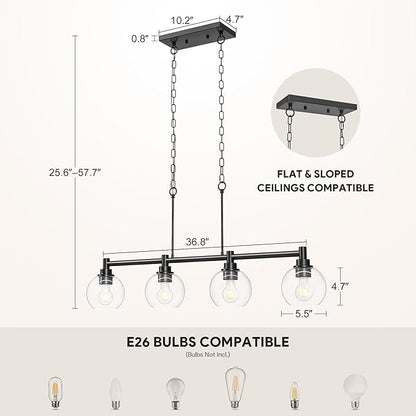 VONLUCE Dining Room Light Fixture Over Table, 4-Light Kitchen Island Lighting with Round Glass Shades & Adjustable Hanging Heights, Linear Chandlier for Dining Room Kitchen, Black, ETL Certificated