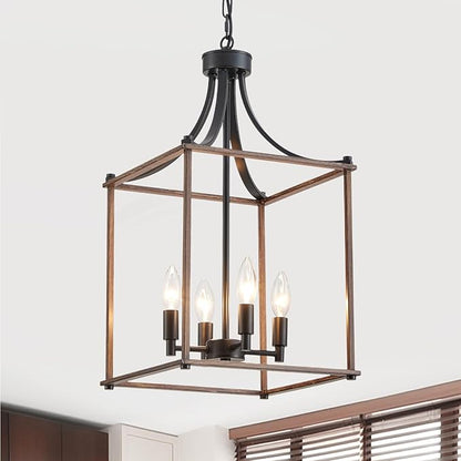 XINGQI Modern Farmhouse Chandeliers for Dining Room,4 Light Geometric Lantern Black Wood Grain Finish Cage Pendant Lighting Fixture 11.8" for Staircase Foyer Kitchen Entryway