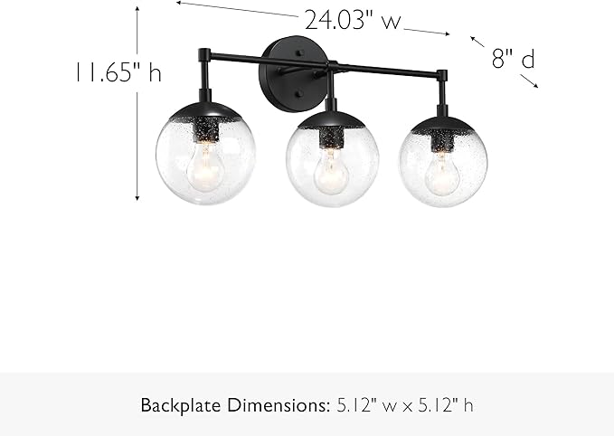 Design House Gracelyn 3-Light Dimmable Bathroom Vanity Light, Seeded Glass, Matte Black, 24.03 in W x 8 in D x 11.65 in H, 588889-BLK
