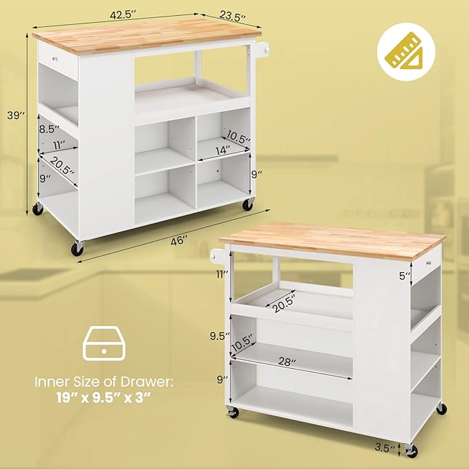 Giantex Kitchen Island Cart on Wheels, Rolling Island Table with Rubber Wood Top, Drawer, 3 Tier Spice Rack, 8 Storage Shelf & Cube, Serving Cart for Dining Room Bar, 46"x23.5"x39" White