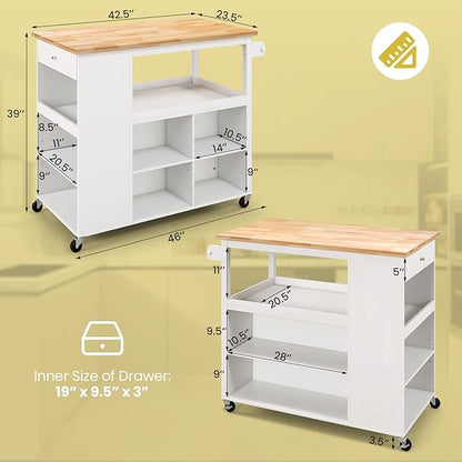 Giantex Kitchen Island Cart on Wheels, Rolling Island Table with Rubber Wood Top, Drawer, 3 Tier Spice Rack, 8 Storage Shelf & Cube, Serving Cart for Dining Room Bar, 46"x23.5"x39" White