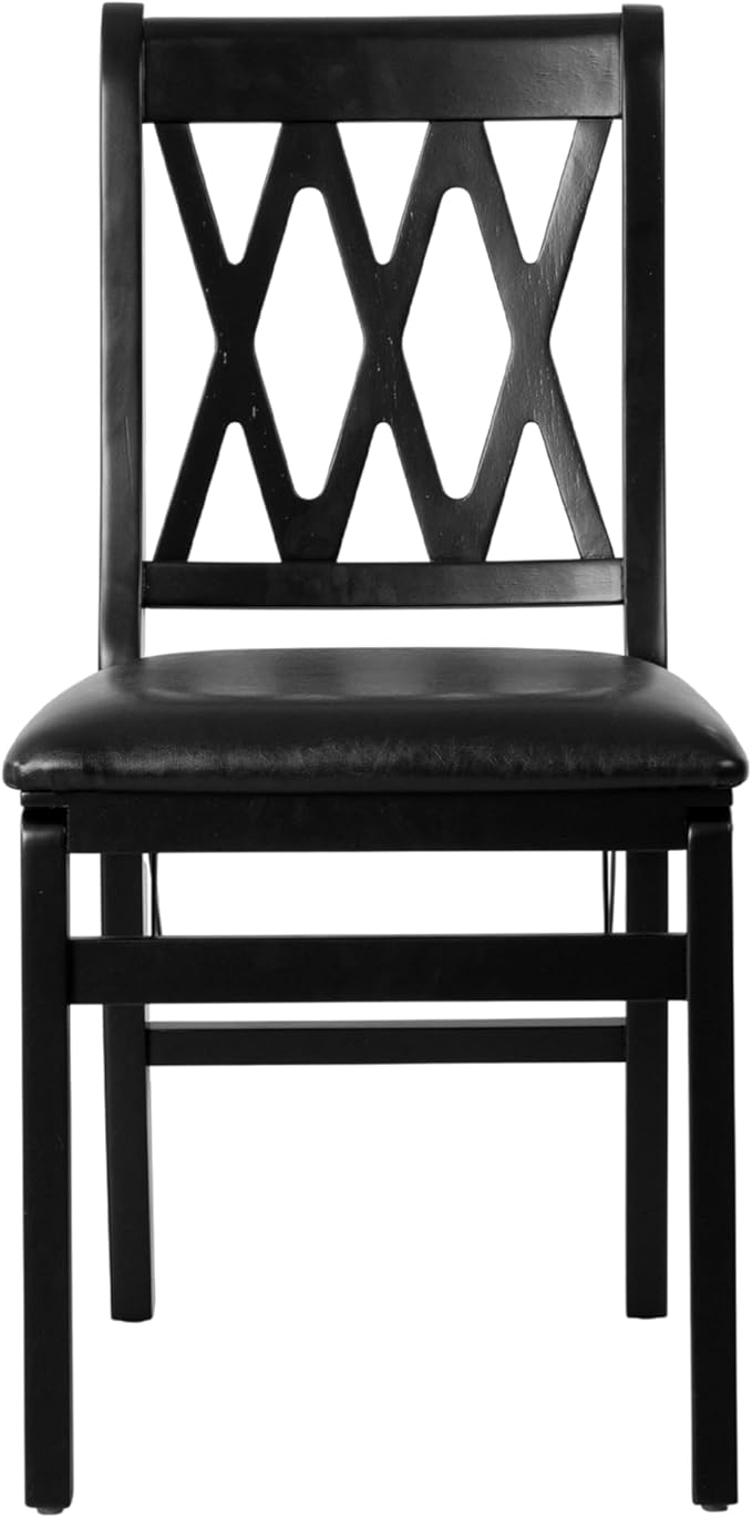 East West Furniture - PNC-BLK-49, A Plano Folding Solid Wood Dinner Chairs with PU Leather Seat, 3-X Back Design, Set of 2, Fully Assembled, Black Wood Finish