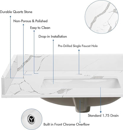30 in.W x 22 in.D Quartz Calacatta River Vanity Top,with Undermount Middle Sink Vanity Top,with One Sidesplash & One Backsplash,Single Faucet Hole Spread Bathroom Vanity Sink Countertop