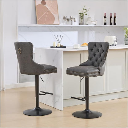 Aged and Retro PU Swivel Barstools Adjusatble Seat Height from 26-33 Inch, Modern Bar Stools with Backs Comfortable Tufted for Home Pub and Kitchen Island