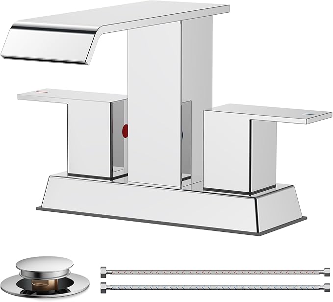 FORIOUS Waterfall Bathroom Faucets 3 or 2 Hole for 4 Inch Centerset Sink with Metal Pop Up Drain and Hose, Double Handle Operation, Suitable for Vanity RV Restroom Remodel (Chrome)