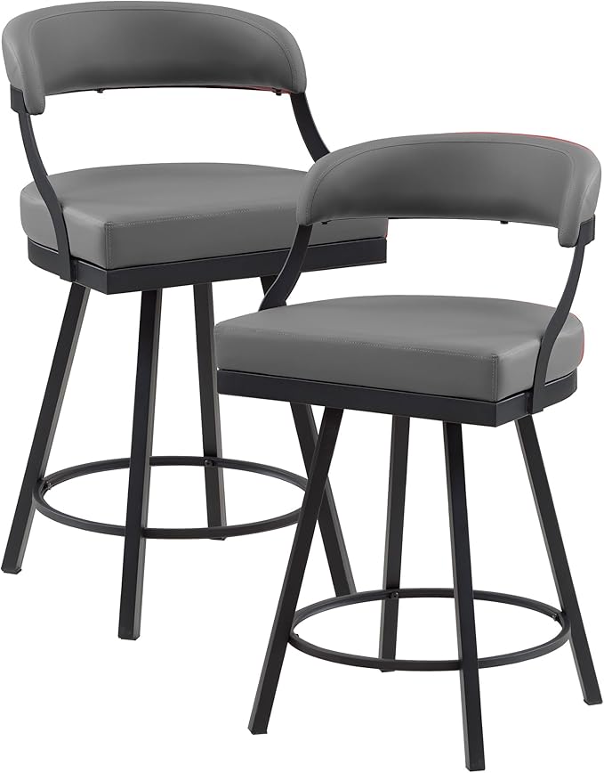 Lexicon Swivel Counter Height Stools Set of 2 - Counter Height Stools for Kitchen Island, Padded Seat, Open Back, Sturdy Black Metal Frame Finish and Grey Faux Leather Cushion Seat, Grey