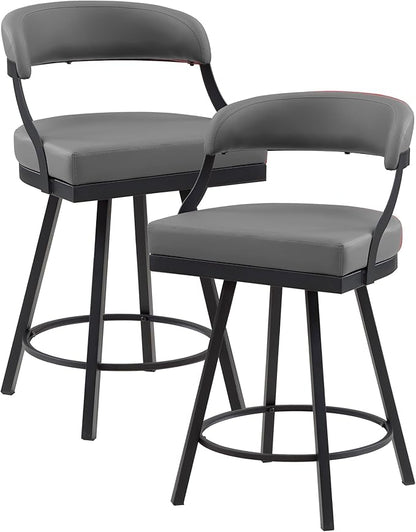 Lexicon Swivel Counter Height Stools Set of 2 - Counter Height Stools for Kitchen Island, Padded Seat, Open Back, Sturdy Black Metal Frame Finish and Grey Faux Leather Cushion Seat, Grey
