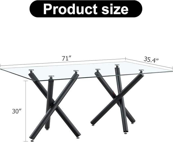 71” Rectangle Dining Table, Large Modern Dining Table for 6–8 People with 0.4" Thickened Tempered Glass Top, Glass Kitchen Table with Black Metal Legs for Dining Room