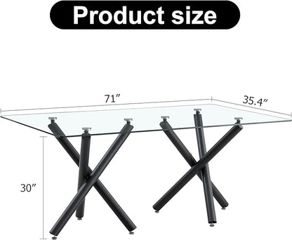 71” Rectangle Dining Table, Large Modern Dining Table for 6–8 People with 0.4" Thickened Tempered Glass Top, Glass Kitchen Table with Black Metal Legs for Dining Room