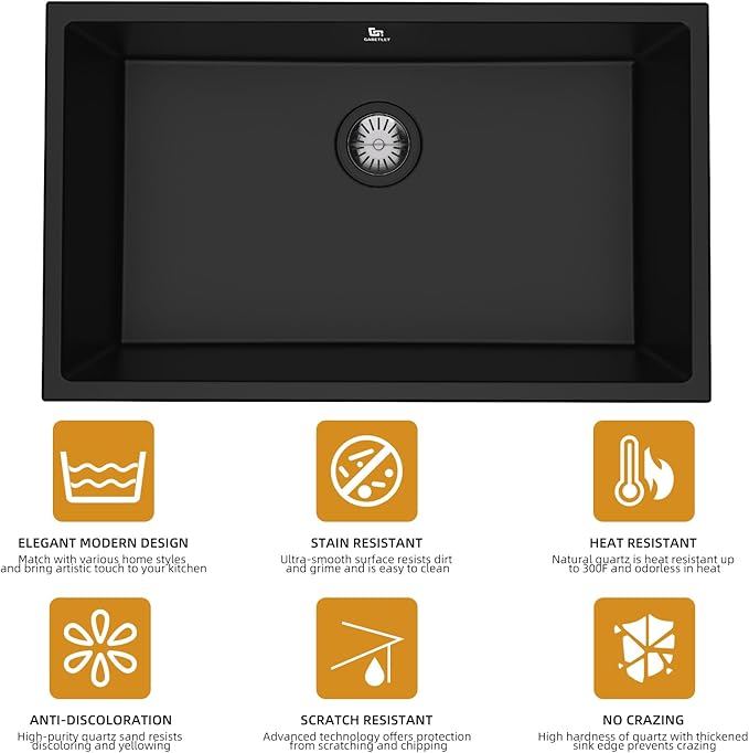 30-inch Granite Composite Kitchen Sink, GABETLET Undermount Quartz Kitchen Sinks with Spacious Workspace and Easy Cleaning, Black Single Bowl Deep Sink with Complete Accessories