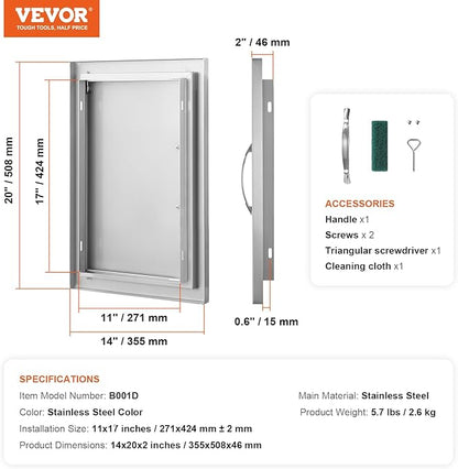VEVOR Outdoor BBQ Kitchen Door - 14W x 20H Inch Stainless Steel Flush Mount Vertical Wall Door with Handle for Island, Grilling Station