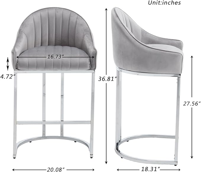 Bar Stools Set of 2, Simple Modern Style, with Velvet upholstered Back Sliver Metal Legs Footrest for Bar, Living Room, Side Chair of Kitchen Island (Grey)