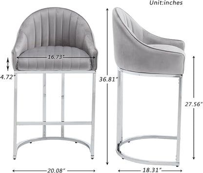 Bar Stools Set of 2, Simple Modern Style, with Velvet upholstered Back Sliver Metal Legs Footrest for Bar, Living Room, Side Chair of Kitchen Island (Grey)