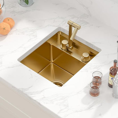 Sarlai Outdoor Sink, 15x17 Inch Gold Undermount Kitchen Sink Workstation with Foldable Faucet Bar Prep Single Bowl Gold Kitchen Sinks16 Gauge Stainless Steel BBQ Sinks with Cover 15"x17"x9“