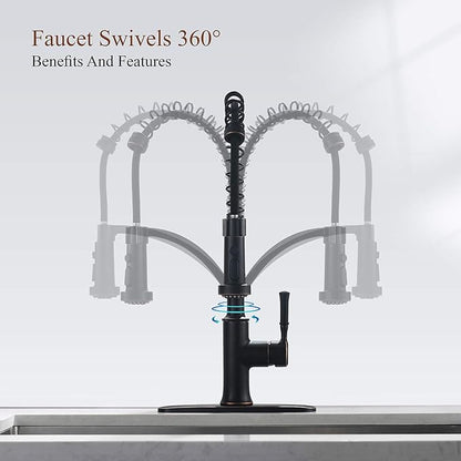 Bronze Kitchen Faucet with Pull Down Sprayer, Oil Rubbed Bronze Single Handle High Arc Commercial Farmhouse Kitchen Sink Faucet with Deck Plate