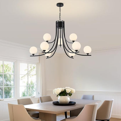 Black Farmhouse Chandelier Modern Sputnik Chandelier for Dining Room Mid Century Chandelier Dining Room Light Fixtures with Withe Glass Globe Shades for Foyer Living Room Kitchen Island