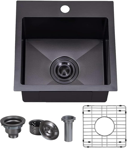 VAPSINT 15x15 Inch Black Drop In Bar Sink, Single Bowl Top Mount Handmade Gunmetal Black Wet Bar Prep RV Sink, 16 Guage Stainless Steel Outdoor Small Kitchen Sinks with Grid & Drain Strainer