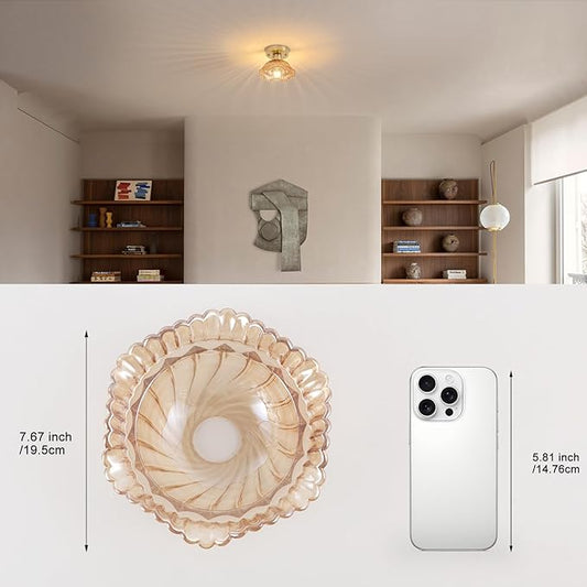 Shenmoyl Semi Flush Mount Vintage Lights Fixture with Amber Pumpkin Hat Glass, 4.72" Modern Ceiling Light for Bathroom, Kitchen, Bedroom