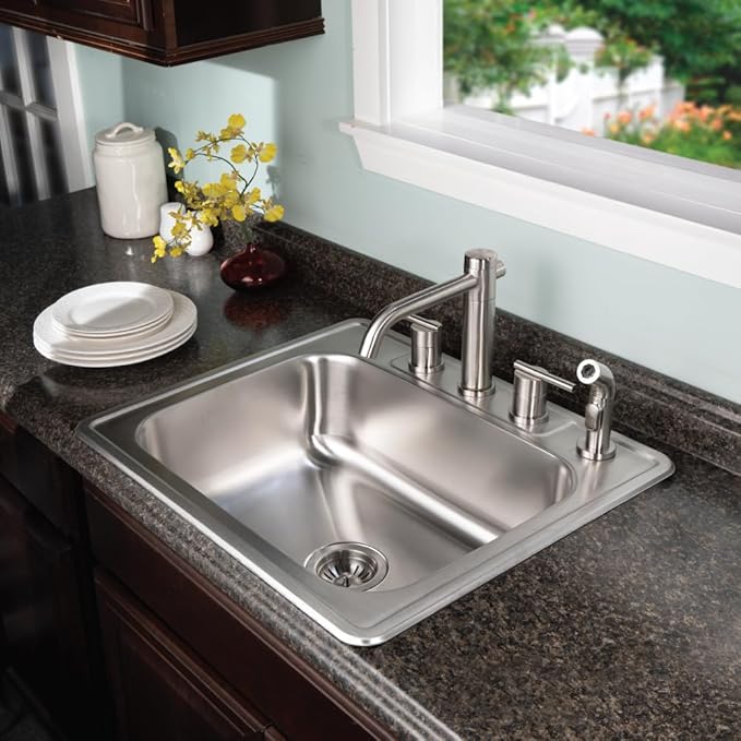 Houzer Glowtone 25 Inch Stainless Steel Topmount 4-Hole Single Bowl 8 Inch Deep Kitchen Sink - 2522-8BS4-1