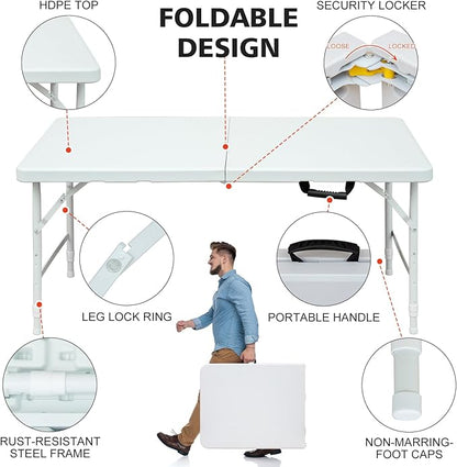 Portable 4Ft Adjustable Height Plastic Folding Table, Heavy Duty Fold-in-Half Table with Carrying Handle, Small Utility Foldable Table for Picnic Party Camping BBQ, Indoor/Outdoor(White)