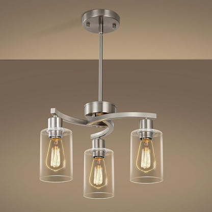 CNRATYE 3-Light Brushed Nickel Pendant Lighting for Kitchen Island, Hanging Dining Room Light Fixtures Over Table, Industrial Chandelier for Entryway Hallway Foyer Bedroom, Clear Glass Shade