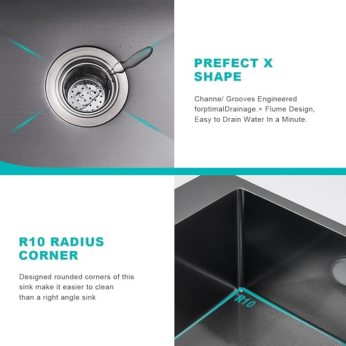 24 Inch Drop in Kitchen Sinks Black, 24x18 Inch Single Hole 18 Gauge Stainless Steel Single Bowl Kitchen Sink Topmount, D24"xW18"xH9"